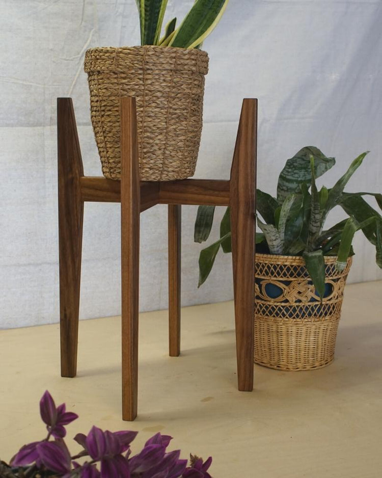 Wooden Plant Stand | Mid Century Modern Walnut Plant Stand